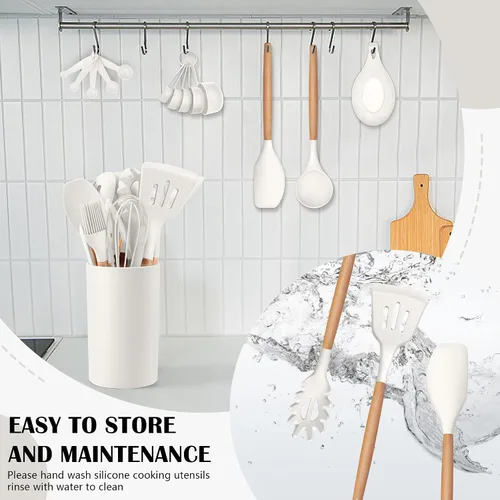 Vista 14 de Juego de utensilios de cocina HaWare, juego de espátulas de silicona de 23 piezas con soporte, utensilio de cocina con mango de madera resistente al