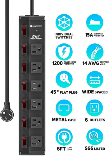 Vista 2 de CRST Regleta de alimentación de metal de 6 tomas con interruptores individuales, protector contra sobretensiones montable para garaje, taller