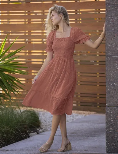 Vista 3 de MEROKEETY - Vestido de verano con lunares suizos para mujer vestido midi con cuello cuadrado, mangas abombadas, volados, lazo en la espalda