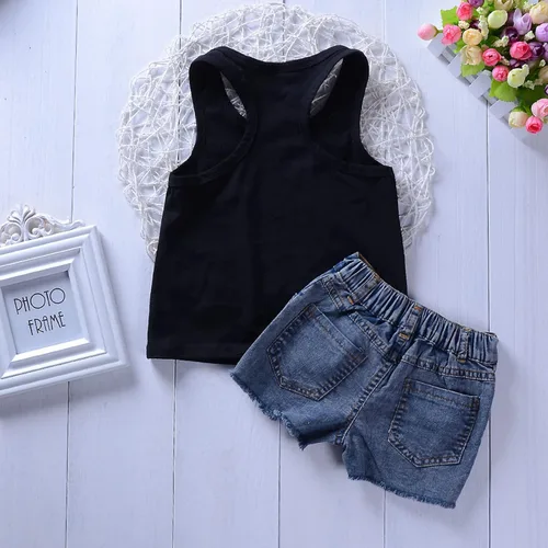 Vista 5 de Bbay - Conjunto de ropa de verano para niñas de 2 a 7 años de edad, chaleco a rayas con volantes, camiseta y pantalones cortos