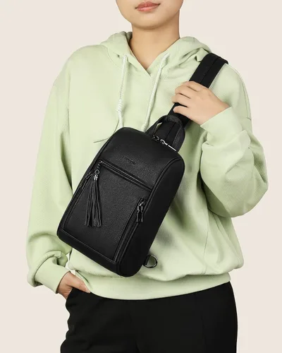 Vista 4 de FADEON Bolso bandolera grande para mujer, mochila cruzada de piel sintética, bolso de viaje a la moda para el pecho, bolso negro, Bolso bandolera