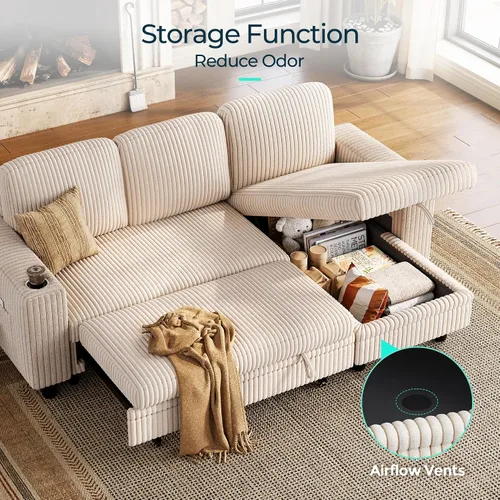 Vista 7 de LINSY HOME - Sofá seccional con cama extraíble y sofá cama deslizable, sofá convertible de pana mullida tipo nube con chaise de almacenamiento