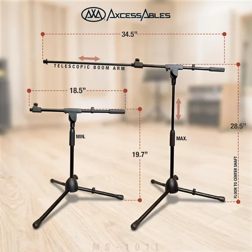 Vista 2 de AxcessAbles - Soporte corto para micrófono con brazo telescópico de 34 pulgadas, trípode de micrófono de perfil bajo para batería y amplificadores