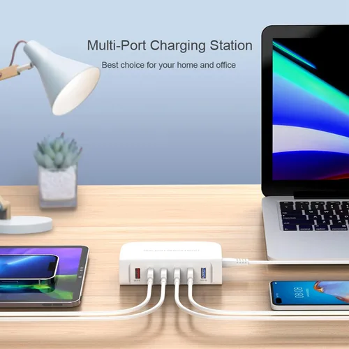 Vista 8 de Cargador rápido USB, estación de carga portátil de 6 puertos, adecuado para varios dispositivos, compatible con iPhone, iPad, Samsung, Google