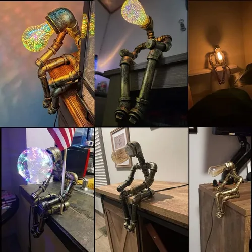 Vista 8 de Lámpara de mesa Steampunk, lámpara de escritorio retro industrial de bronce con 2 bombillas Edison regalo creativo