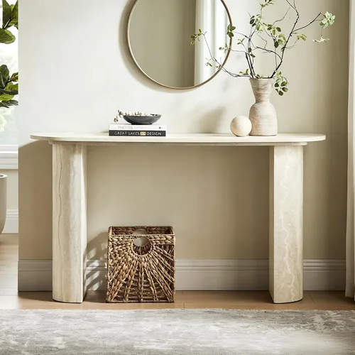 Vista 13 de Mesa de consola de entrada, sofá largo estrecho para pasillo, mesa de vestíbulo detrás del sofá, retro con cajón oculto, toma de corriente lateral