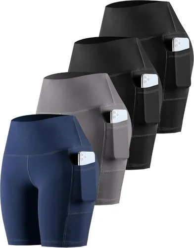 Vista 23 de CHRLEISURE - Pantalones cortos de ciclismo para mujer con bolsillos de licra, cintura alta, con control de abdomen para entrenamiento, yoga