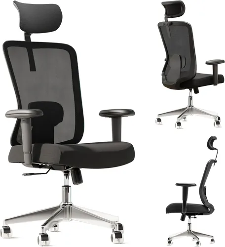 Vista 9 de Silla de oficina de malla, ergonómica con soporte lumbar, color negro, estilo moderno, respaldo de malla, bloqueo de inclinación de 90-135