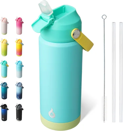 Vista 25 de BJPKPK - Botella de agua aislada con tapa de popote, 532 ml Botellas termo con boquilla suave, asa flexible y base antideslizante, libre de BPA, a