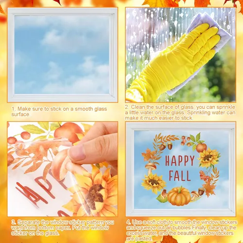 Vista 7 de AnyDesign 6 hojas de calcomanías de otoño para ventana, hojas de otoño, ardilla, calcomanías de ventana de doble cara extraíbles para ventana
