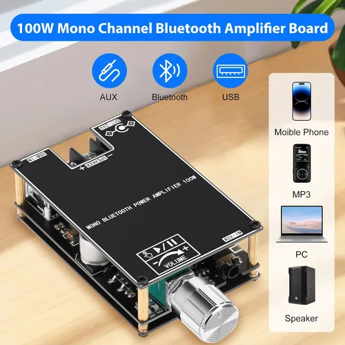 Vista 3 de Daakro 2 placas amplificadoras Bluetooth ZK-1001B, placa amplificador de canal mono de 100 W con función de emparejamiento TWS, CC 7-24 V, entrada