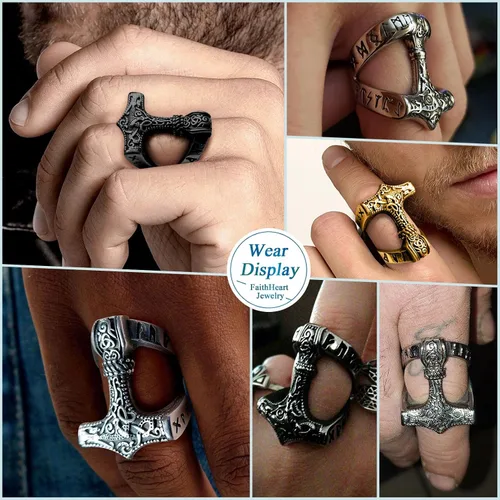 Vista 2 de FaithHeart Norse Viking Jewelry - Anillo de acero inoxidable de guerrero para hombre con diseño vikingo de cabeza de lobomartillo de Thor