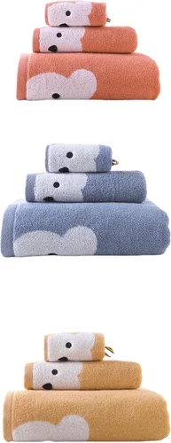 Vista 6 de Juego de 3 toallas de baño de alta calidad para niños (oso travieso), 1 toalla de baño, 1 toalla de mano, 1 toallita, secado rápido, 100% algodón