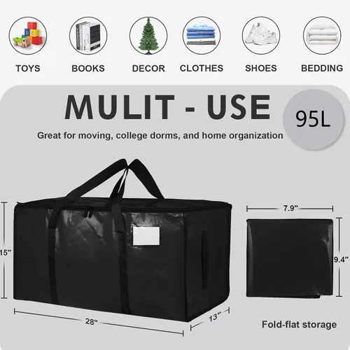 Vista 2 de Paquete de 4 bolsas de mudanza extra grandes y resistentes, bolsas de almacenamiento impermeables con asas y cremalleras, plegables para dormitorio