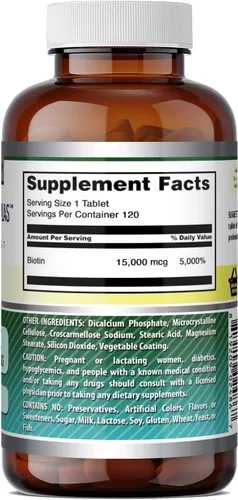 Vista 5 de Amazing Formulas Suplemento de biotina 15000 Mcg por porción 120 tabletas Sin OMG Sin gluten Fabricado en Estados Unidos