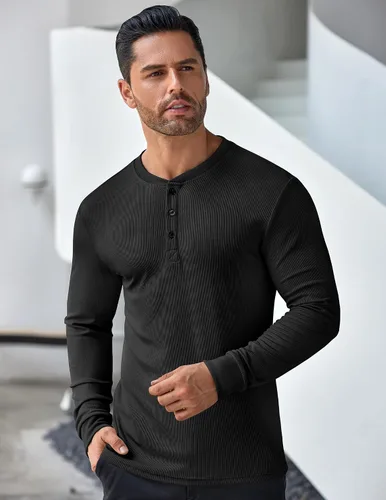 Vista 62 de COOFANDY Camisas Henley de manga larga para hombre, camisetas elásticas acanaladas, camisetas básicas casuales de moda