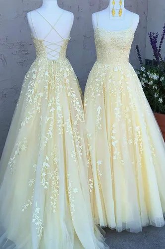 Vista 6 de Vestidos de graduación para mujer, sexy, largo, con apliques de encaje, tirantes delgados, tul acampanado, vestidos de noche formales para fiesta