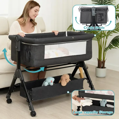 Vista 2 de BCOL Moisés de bebé, moisés de noche para bebé, cuna 3 en 1 con ruedas, mosquitero, ajustable y fácil de plegar portátil para bebés recién nacidos