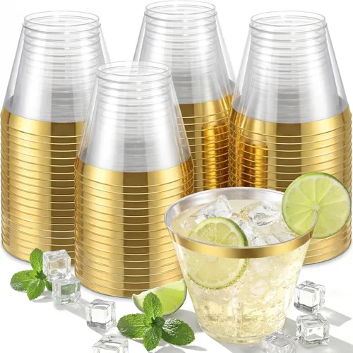 Vista 10 de Nervure 240 vasos de plástico azules – Vasos de plástico con borde dorado de 9 onzas – Taza azul desechable resistente con borde dorado perfecto