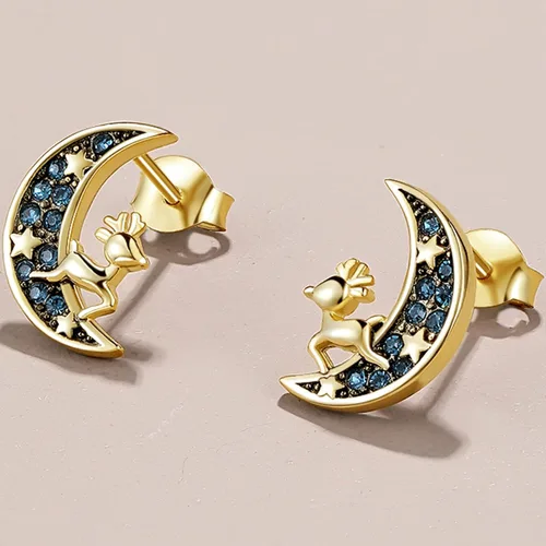 Vista 3 de Pendientes de tuerca de luna aretes de oro aretes de plata de ley ciervos cervatillos bonitos aretes de estrella para mujer con caja de regalo