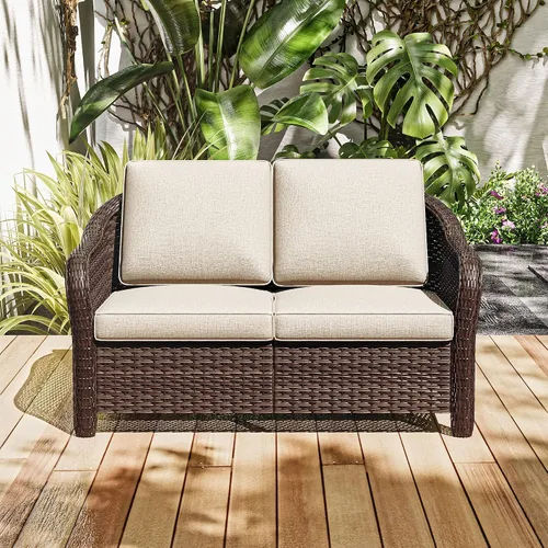 Vista 8 de Sofá de patio al aire libre de 2 plazas con mimbre de PE tejido a mano Beige