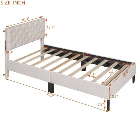 Vista 2 de Marco de cama de plataforma de tamaño individual, marco de cama tapizado de lino de diseño moderno con cabecera copetuda, cama de almacenamiento