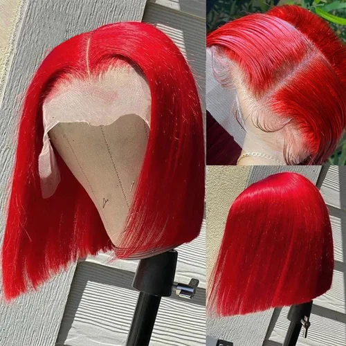 Vista 45 de Pelucas de cabello humano lacio marrón rojizo de 8 pulgadas, #33 13x4 HD, transparente, color marrón rojizo, peluca frontal de encaje frontal
