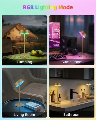 Vista 8 de Lámpara inalámbrica, lámpara de mesa recargable, funciona con pilas, control táctil regulable RGB, 3 temperaturas de color, función de memoria LED