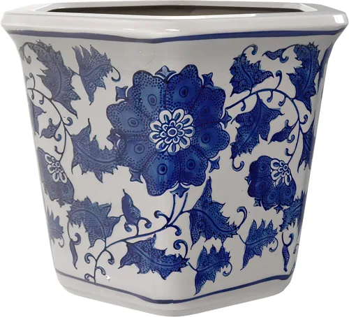 Vista 6 de Red Lantern Maceta hexagonal de 8" - Floral azul y blanco
