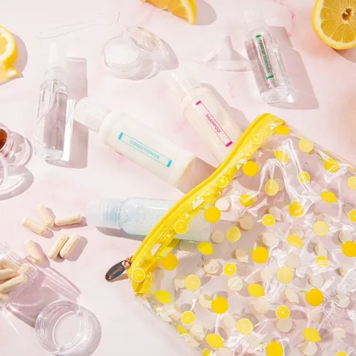 Vista 2 de MIAMICA Lemon - Kit de botellas de viaje y neceser para mujer que cumple con la TSA, Limón y naranja, Botellas Tsa