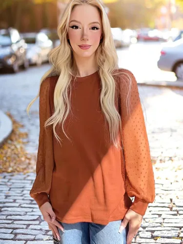 Vista 2 de WIHOLL Camisas de manga larga para mujer, túnica de otoño, ropa de cuello redondo a la moda A-caramelo naranja