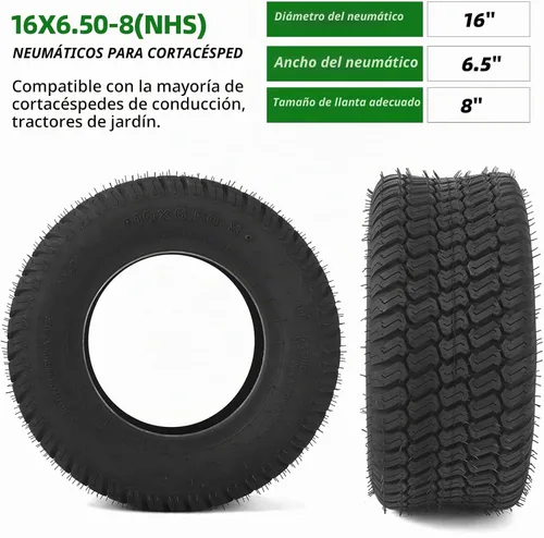 Vista 2 de Juego de 2 neumáticos 16x6.50-8 - 4PR resistentes sin cámara, neumáticos de repuesto para tractor de césped con banda de rodadura estriada profunda