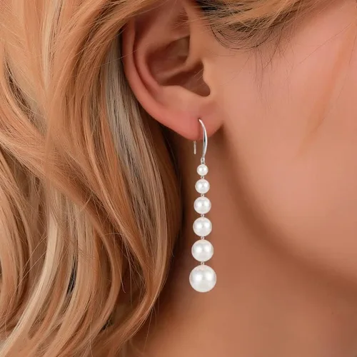 Vista 7 de Aretes largos de perlas para mujer, chapados en oro de 14 quilates, aretes colgantes de borla de plata de ley con poste de perlas largas para baile