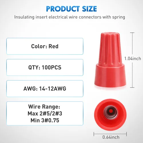 Vista 2 de Nilight Kit de conectores de cable rojo de 100 piezas, tapas de cable eléctrico 14-12 AWG Terminal de cable eléctrico giratorio con resorte