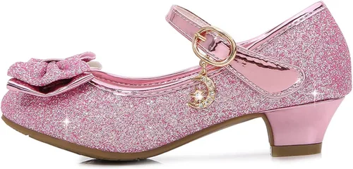 Vista 3 de Zapatos de vestir para niñas con lazo de princesa y tacón alto Mary Jane con purpurina, para fiesta de boda para niños pequeñosgrandes
