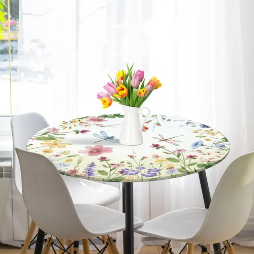 Vista 8 de Mantel redondo ajustable floral de primavera y verano con mantel elástico impermeable para exteriores, cubierta de mesa lavable para interiores