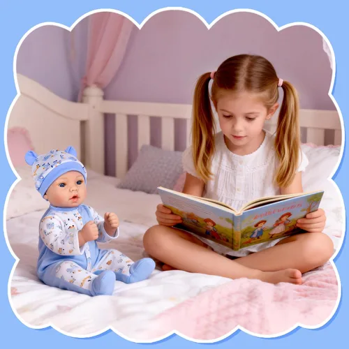 Vista 3 de Aori Reborn Baby Dolls Boy - Muñeca realista de bebé recién nacido de 18'' con juego de alimentación azul y certificado de nacimiento - Cuerpo