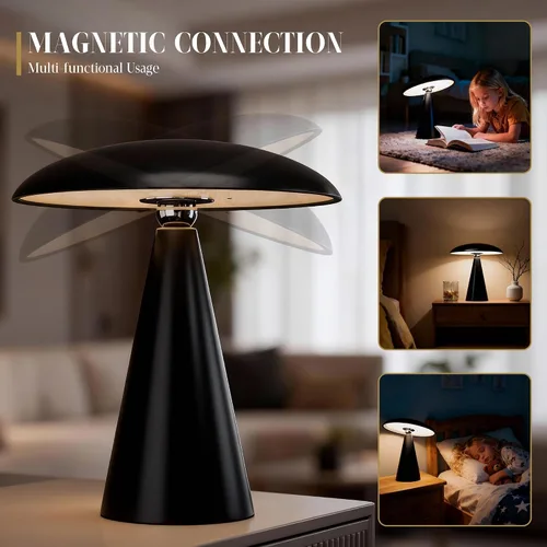 Vista 3 de Linda lámpara estética de hongos, moderna lámpara magnética de mediados de siglo con iluminación de 3 modos para decoración única de hongos del Negro