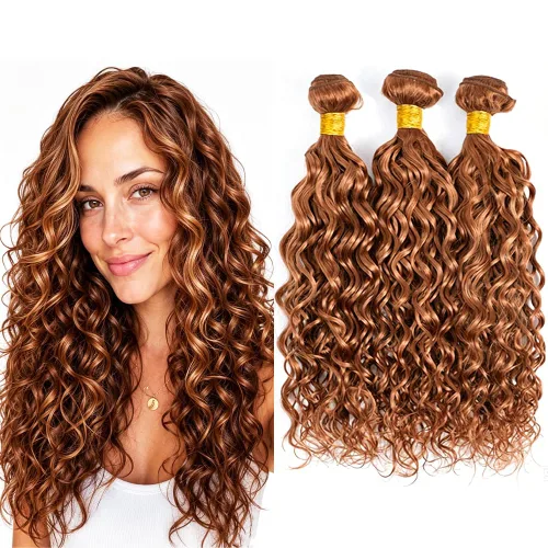 Vista 77 de P4613 Cabello humano rizado onda profunda marrón y paquetes mixtos 8 10 12 P4613 Ombre Marrón-Rubio-DP