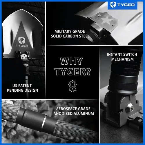 Vista 4 de Tyger Auto - Pala plegable militar de supervivencia de alta resistencia TG-SV8U3217, multiherramienta compacta de 16 en 1, pala de campamento