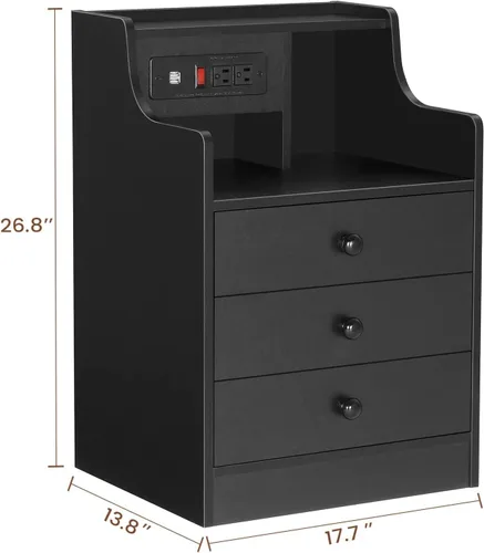 Vista 2 de ADORNEVE - Mesita de noche con estación de carga, mesita negra para dormitorio, mesa auxiliar con aparador y cajones de almacenamiento