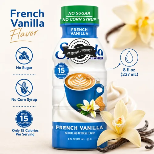 Vista 2 de Crema de café de vainilla francesa, botella de 8 onzas, sin azúcar, sin jarabe de maíz, crema líquida saborizada para café caliente o helado