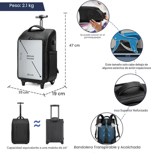 Vista 7 de Mochila con Ruedas, Mochila Impermeable con Ruedas para Viajero de Negocios, Mochila de Equipaje de Mano con Compartimento para Laptop, Compatible