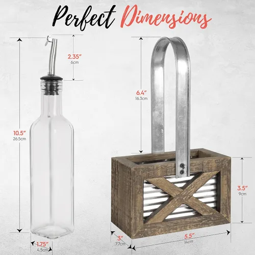 Vista 7 de Autumn Alley Rustic Farmhouse - Juego de dispensador de aceite y vinagre – Juego de soporte de aceite y vinagre de madera envejecida, metal