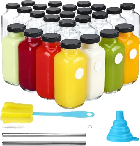 Vista 9 de CUCUMI 10 botellas de jugo de vidrio de 16 onzas con tapas, recipientes de jugo reutilizables, tarros de agua con cepillo, popotes de vidrio, tapas