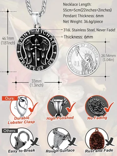 Vista 6 de FaithHeart Saint Michael Necklace, Stainless Steel18K Gold Plated St Michael the Archangel Pendant Amulet for Men Women with Gift Packaging