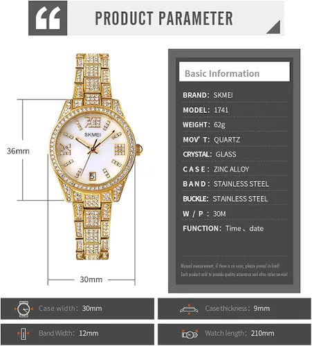 Vista 6 de SKMEI Lady Watches for Women Female Bling Dress Fashion Luxury Diamond Business Casual Analog Quartz Waterproof Stainless Steel Wristwatches Gifts