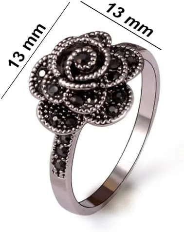 Vista 4 de Anillo de declaración de flores de diamantes de imitación negro vintage para mujer