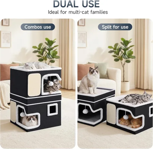Vista 3 de Camas dobles para gatos de interior, casa para gatos de 2 pisos con grandes y acogedores escondites, cubo cueva de doble propósito con almohadillas