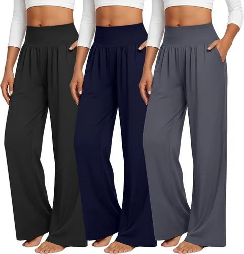 Vista 202 de Neer - Conjunto de 3 pantalones de yoga de pierna ancha para mujer - Pantalones deportivos cómodos, holgados, de cintura alta y casuales